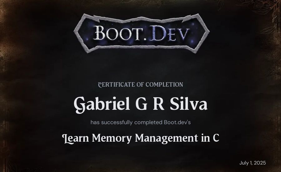 Gabriel G R Silva's Boot.dev Learn Memory Management in C certificate