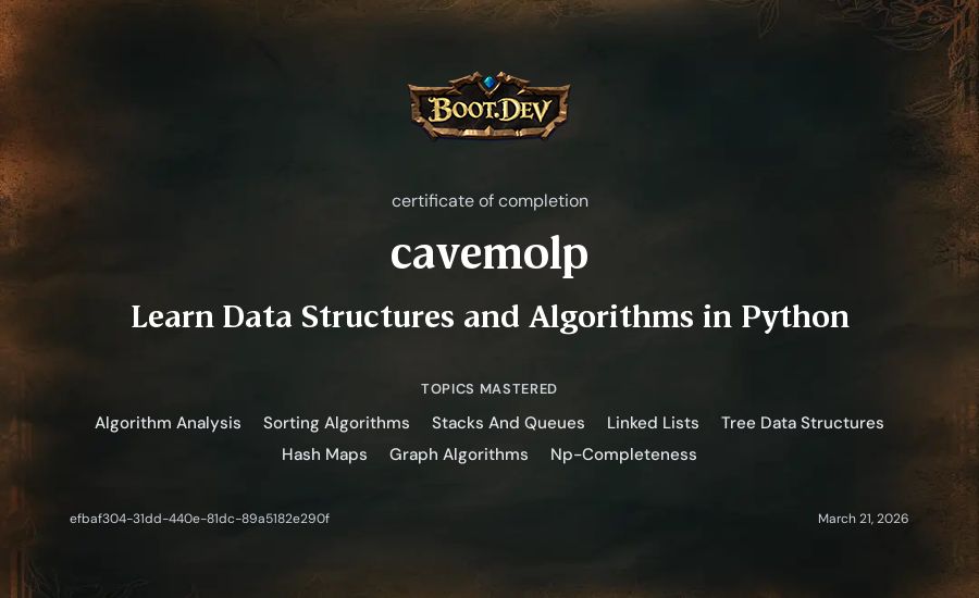 cavemolp's Boot.dev Learn Data Structures and Algorithms in Python certificate