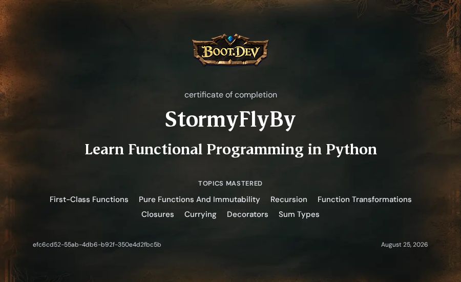 Cameron Montgomery's Boot.dev Learn Functional Programming in Python certificate