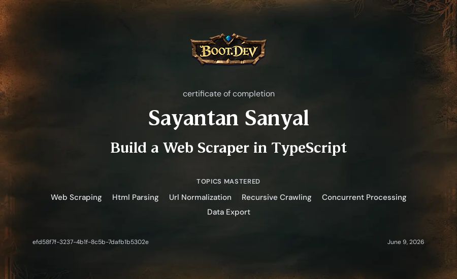 Sayantan Sanyal's Boot.dev Build a Web Scraper in TypeScript certificate