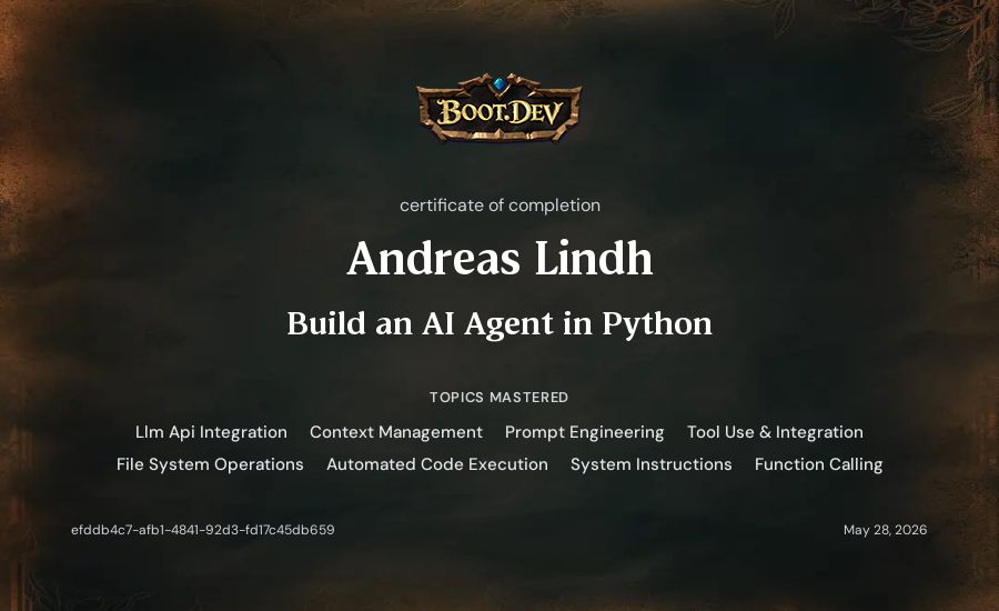 Andreas Lindh's Boot.dev Build an AI Agent in Python certificate