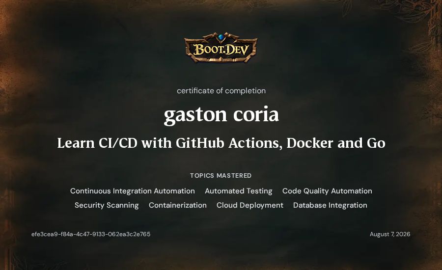 gaston coria's Boot.dev Learn CI/CD with GitHub Actions, Docker and Go certificate