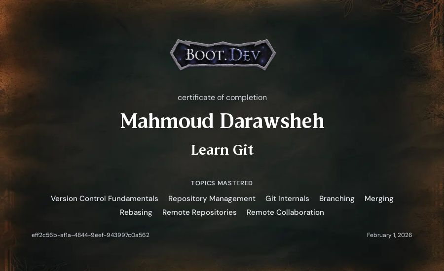 Mahmoud Darawsheh's Boot.dev Learn Git certificate