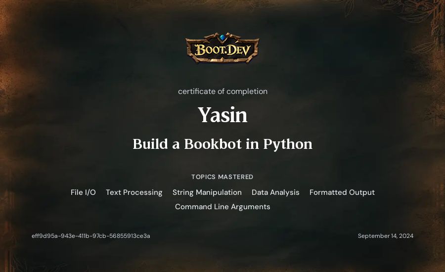 Yasin's Boot.dev Build a BookBot in Python certificate