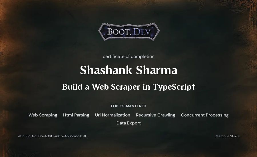Shashank Sharma's Boot.dev Build a Web Scraper in TypeScript certificate