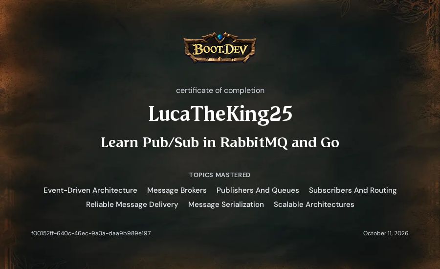 LucaTheKing25's Boot.dev Learn Pub/Sub in RabbitMQ and Go certificate