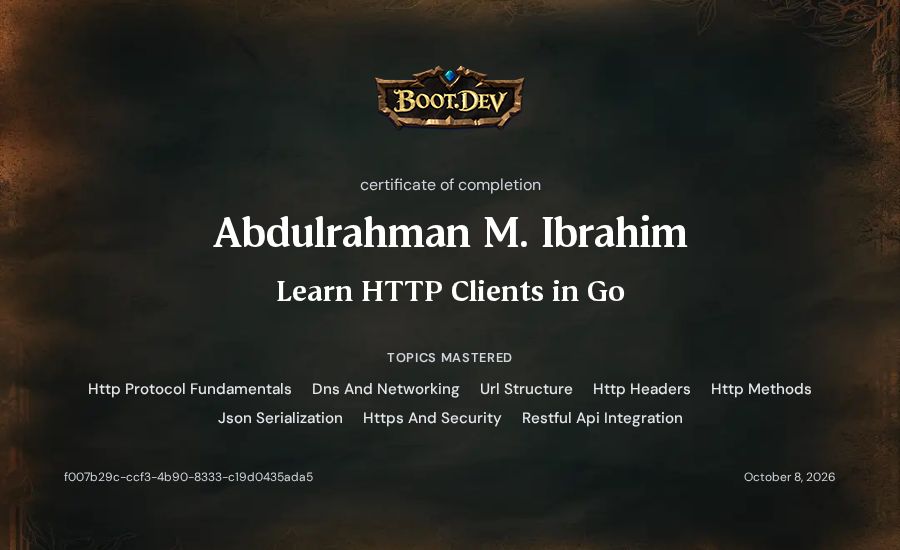 Abdulrahman M. Ibrahim's Boot.dev Learn HTTP Clients in Go certificate