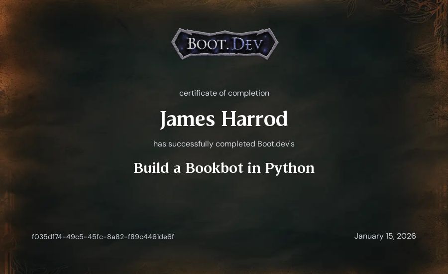 James's Boot.dev Build a BookBot in Python certificate