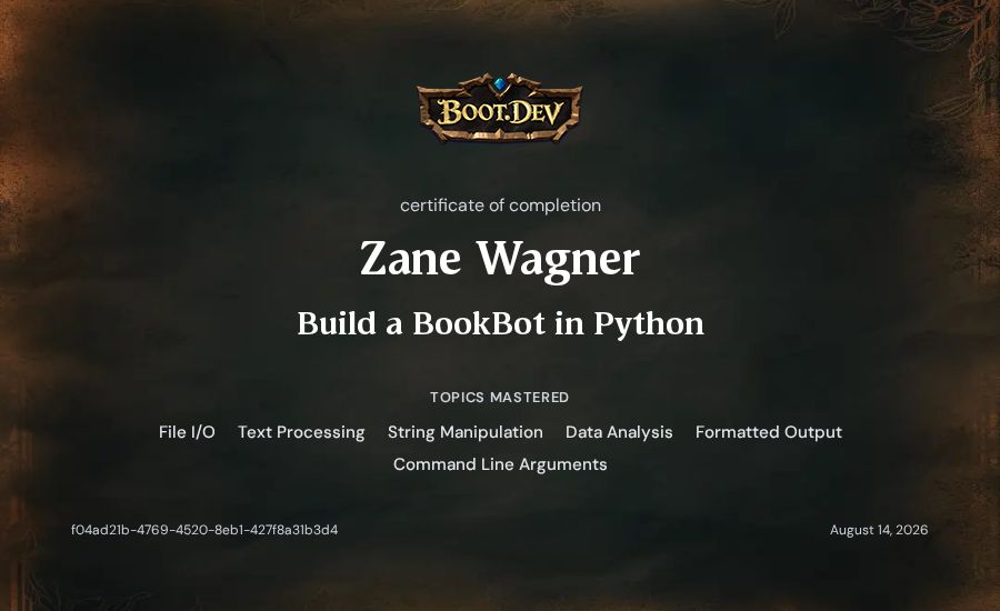 Zane Wagner's Boot.dev Build a BookBot in Python certificate