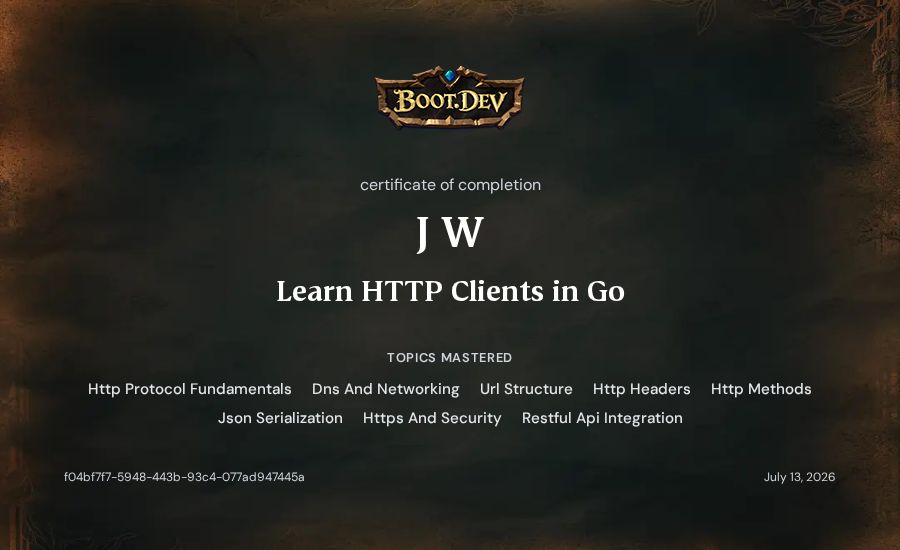 J W's Boot.dev Learn HTTP Clients in Go certificate