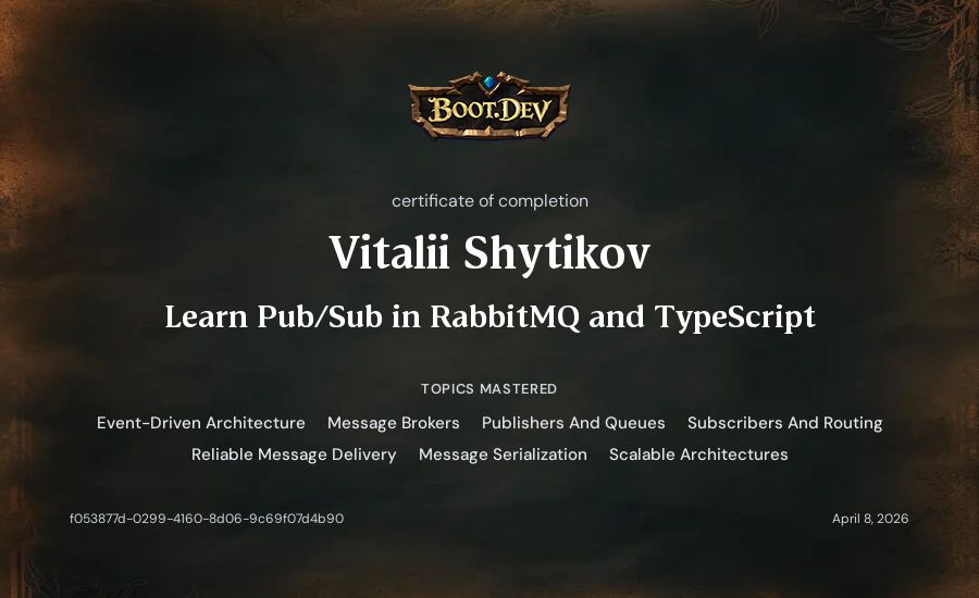Vitalii Shytikov's Boot.dev Learn Pub/Sub in RabbitMQ and TypeScript certificate