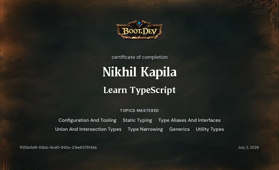 Nikhil Kapila's Boot.dev Learn TypeScript certificate