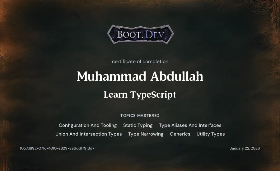 Muhammad Abdullah's Boot.dev Learn TypeScript certificate