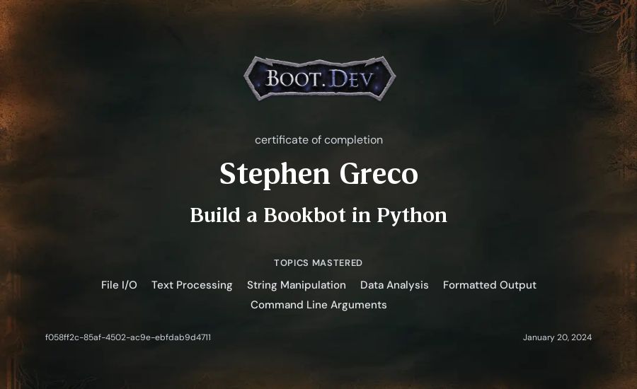 Stephen Greco's Boot.dev Build a BookBot in Python certificate