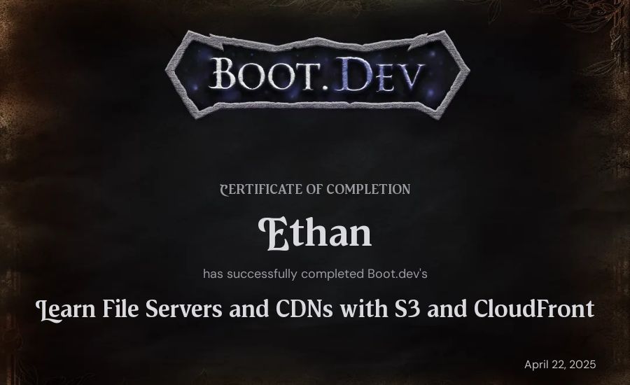 Ethan's Boot.dev Learn File Servers and CDNs with S3 and CloudFront certificate