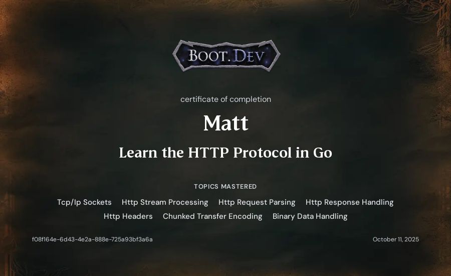 Matt's Boot.dev Learn the HTTP Protocol in Go certificate