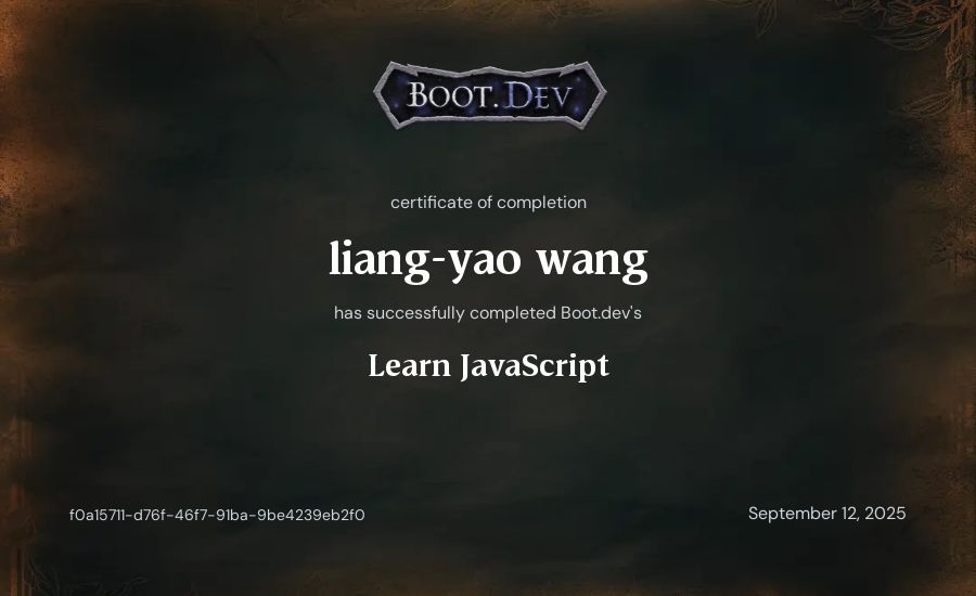 liang-yao wang's Boot.dev Learn JavaScript certificate