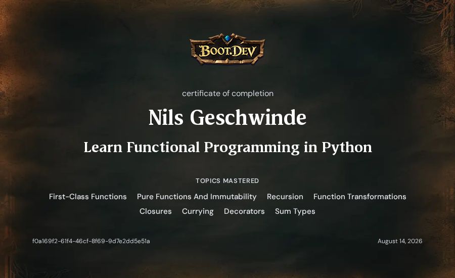 Nils Geschwinde's Boot.dev Learn Functional Programming in Python certificate