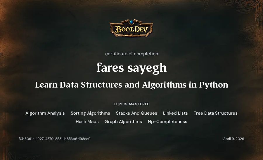 fares sayegh's Boot.dev Learn Data Structures and Algorithms in Python certificate