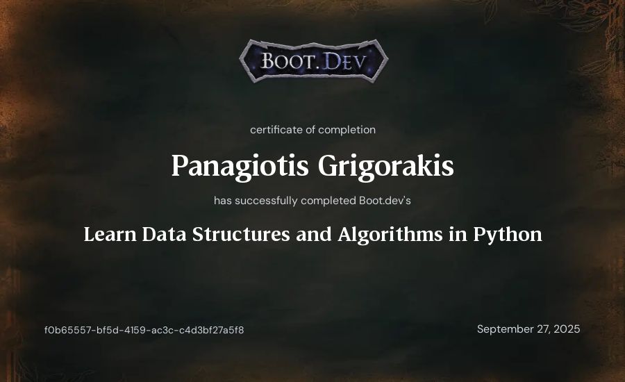 Panagiotis Grigorakis's Boot.dev Learn Data Structures and Algorithms in Python certificate