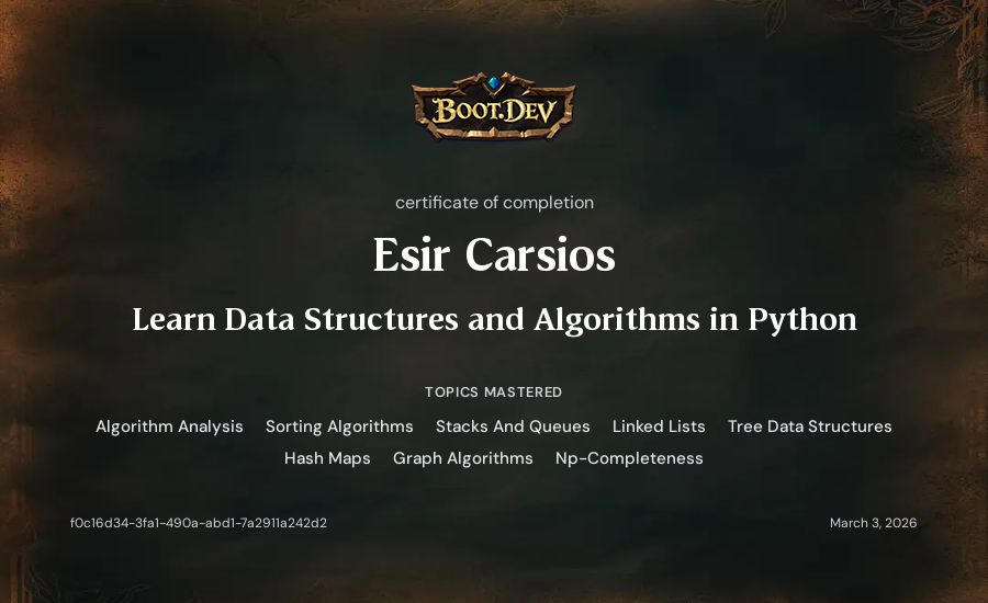 Esir Carsios's Boot.dev Learn Data Structures and Algorithms in Python certificate