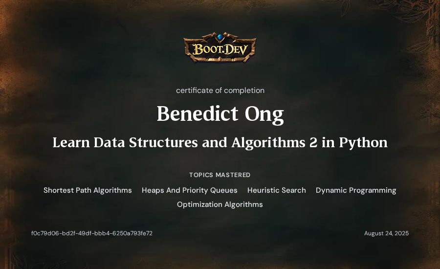 Benedict Ong's Boot.dev Learn Data Structures and Algorithms 2 in Python certificate