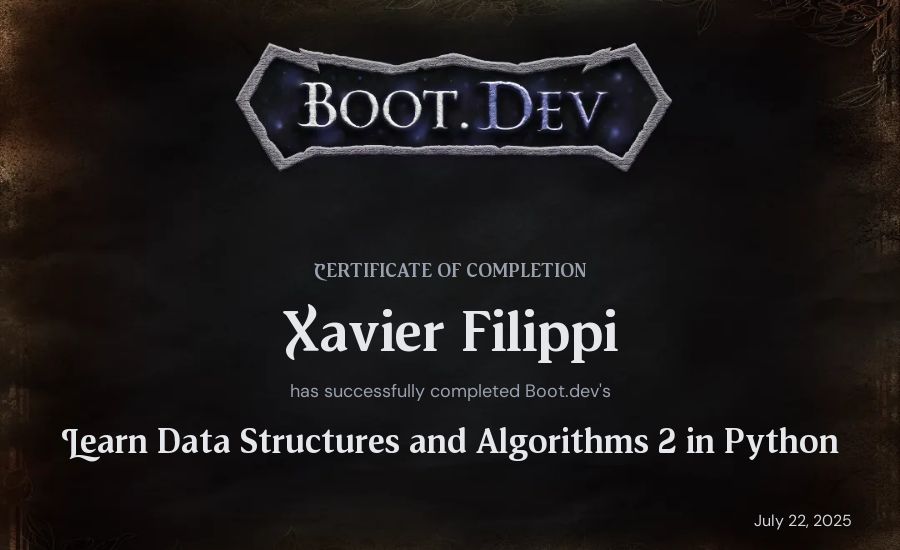 Xavier Filippi's Boot.dev Learn Data Structures and Algorithms 2 in Python certificate