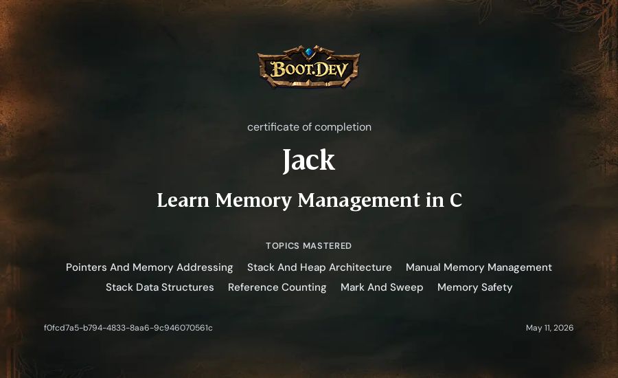 Jack's Boot.dev Learn Memory Management in C certificate