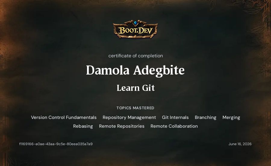Damola Adegbite's Boot.dev Learn Git certificate