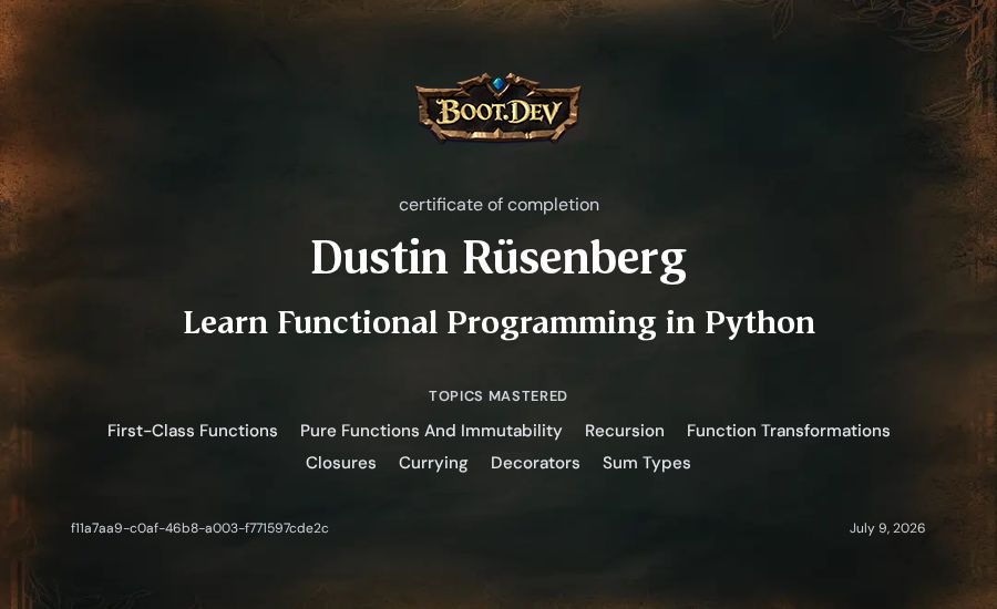 Dustin Rüsenberg's Boot.dev Learn Functional Programming in Python certificate