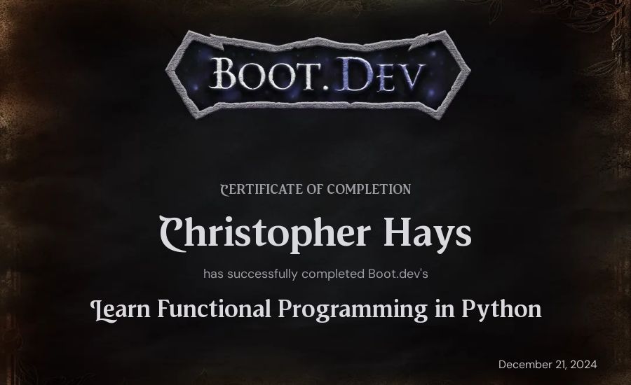 Christopher Hays's Boot.dev Learn Functional Programming in Python certificate