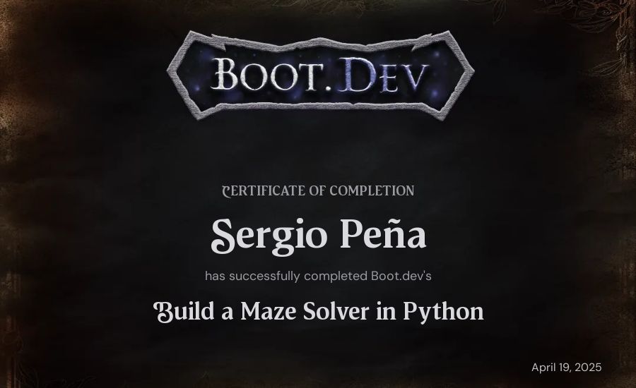 Sergio Peña's Boot.dev Build a Maze Solver in Python certificate