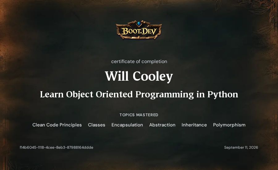 Will Cooley's Boot.dev Learn Object Oriented Programming in Python certificate