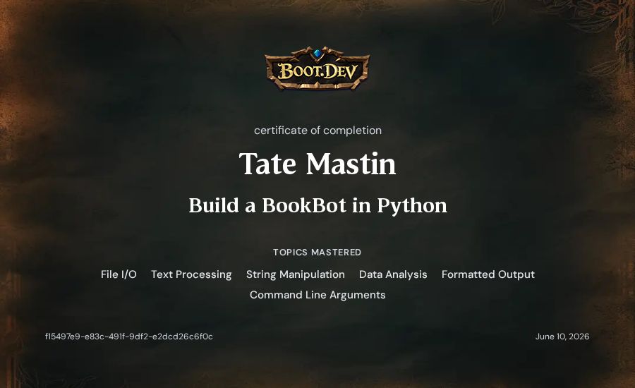 Tate Mastin's Boot.dev Build a BookBot in Python certificate