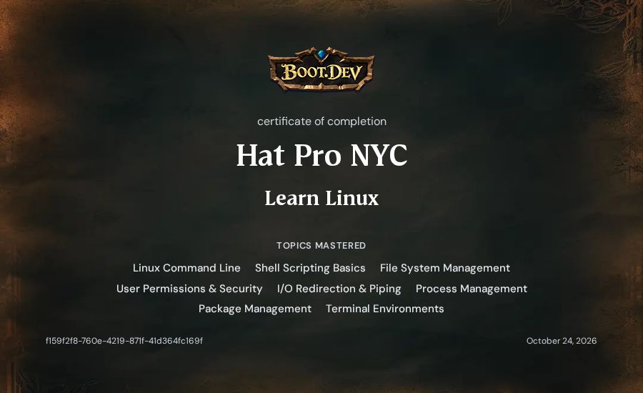 Hat Pro NYC's Boot.dev Learn Linux certificate