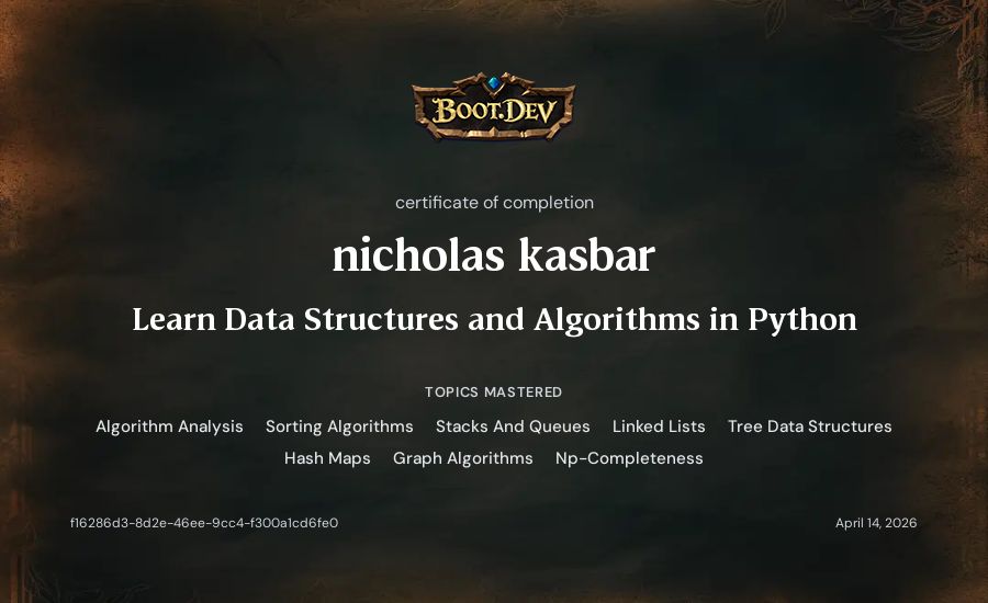 nicholas kasbar's Boot.dev Learn Data Structures and Algorithms in Python certificate
