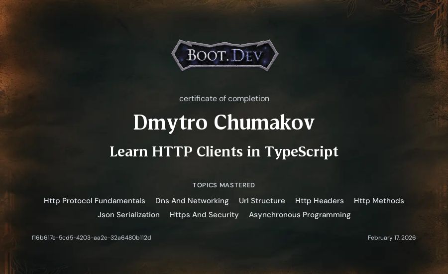 Dmytro Chumakov's Boot.dev Learn HTTP Clients in TypeScript certificate