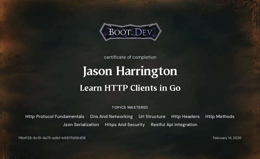 Jason Harrington's Boot.dev Learn HTTP Clients in Go certificate
