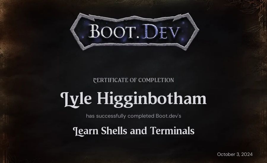 Lyle Higginbotham's Boot.dev Learn Linux certificate