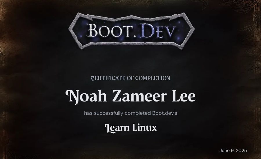 Noah Zameer Lee's Boot.dev Learn Linux certificate