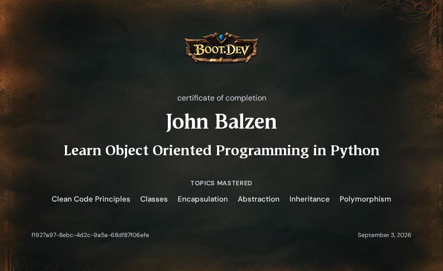 John Balzen's Boot.dev Learn Object Oriented Programming in Python certificate