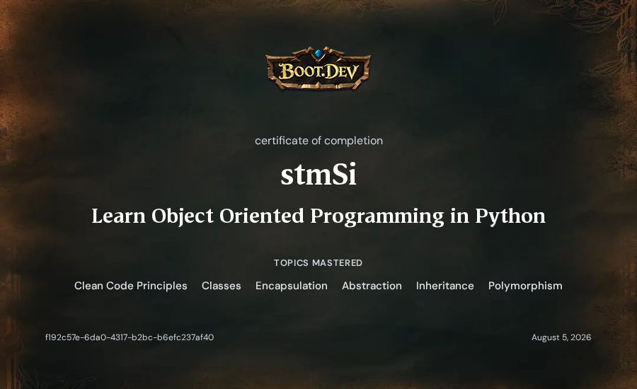 stmSi's Boot.dev Learn Object Oriented Programming in Python certificate
