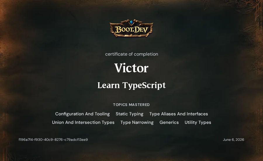 Victor's Boot.dev Learn TypeScript certificate