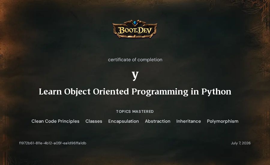 y's Boot.dev Learn Object Oriented Programming in Python certificate