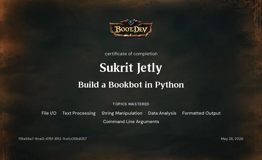 Sukrit Jetly's Boot.dev Build a BookBot in Python certificate