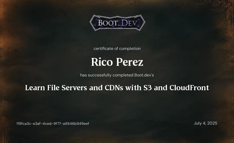 Celeste Perez's Boot.dev Learn File Servers and CDNs with S3 and CloudFront certificate