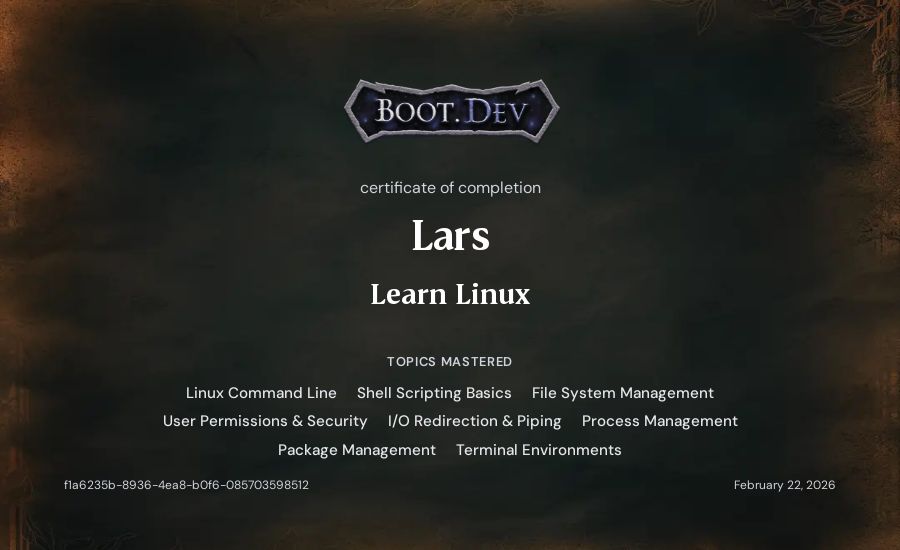 Lars's Boot.dev Learn Linux certificate