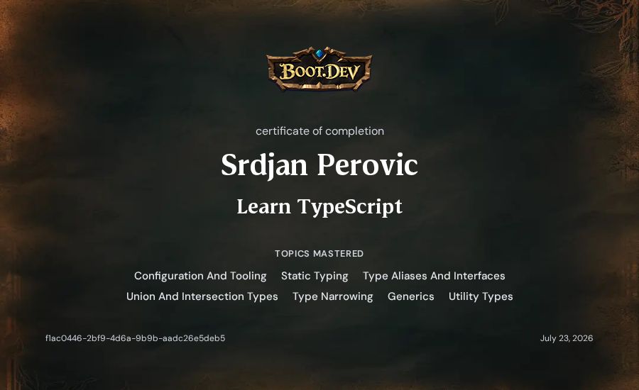 Srdjan Perovic's Boot.dev Learn TypeScript certificate