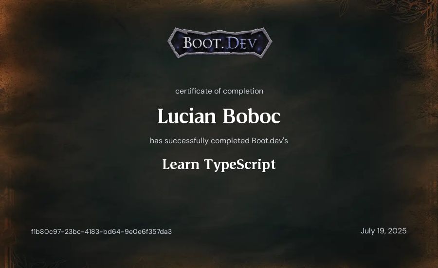 Lucian Boboc's Boot.dev Learn TypeScript certificate