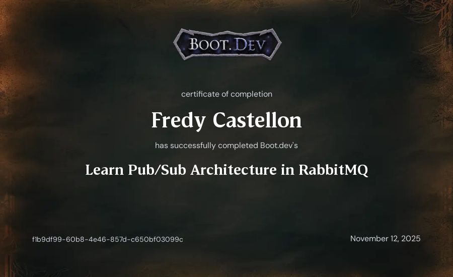 Fredy Castellon's Boot.dev Learn Pub/Sub in RabbitMQ and Go certificate